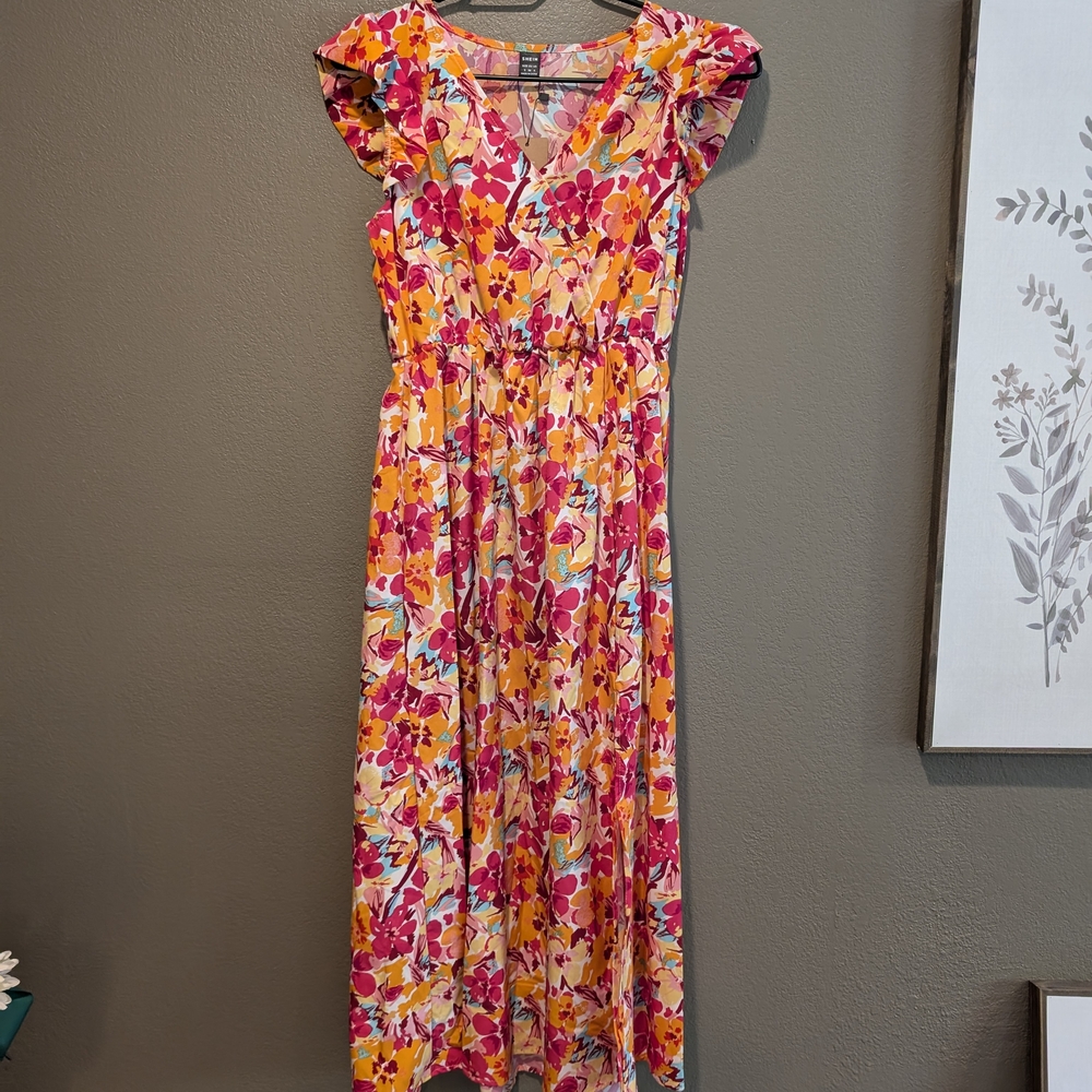 SHEIN Pink and Orange Flutter Sleeve Maxi Sundress